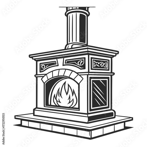 Illustration of a detailed black and white fireplace with a burning fire and a decorative column design created with generated ai