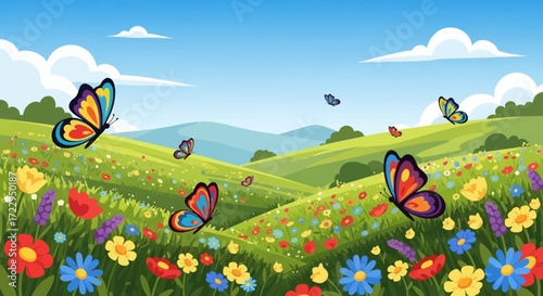 Colorful Butterflies Flying in a Vibrant Flower Field.