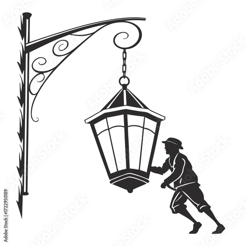 Illustration of a man pushing a large hanging lantern attached to a decorative street post fixture created with generated ai