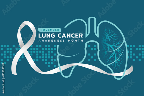 Lung cancer awareness month - Text and white ribbon roll waving cross line lung sign on blue green texture background vector design