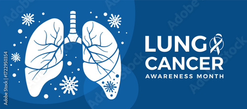 Lung cancer awareness month - Text and White lung cancer sign with cancer cell around on blue background vector design
