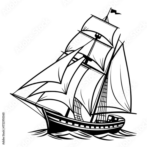 A detailed line art illustration of a sailing ship with multiple sails on a wavy water surface view created with generated ai