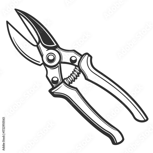 Illustration of a pair of pruning shears with curved blades and spring mechanism in black and white style created with generated ai