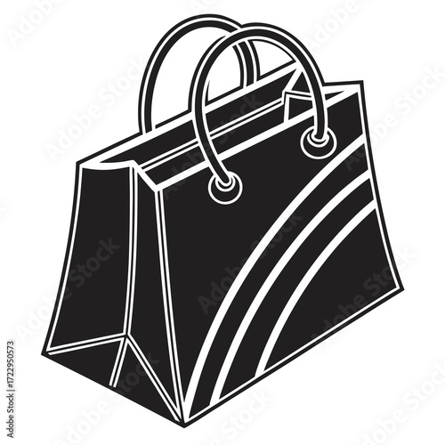 A black and white illustration of a shopping bag with handles and white stripes on the front side view created with generated ai