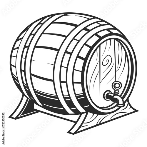 Illustration of a wooden barrel with metal hoops and a tap on a small wooden stand in black and white created with generated ai