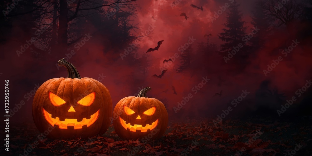 Fototapeta premium Spooky Halloween Night with Two Glowing Jack-o'-Lantern Pumpkins, Flying Bats and Red Mist in Dark Forest, Cinematic Lighting, Isolated