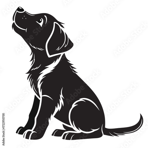 Illustration of a black labrador puppy sitting and looking up with a white outline on a white background created with generated ai