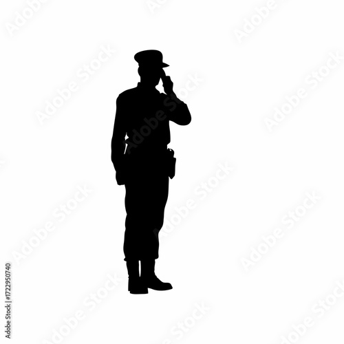 Silhouette of officer making phone call to check employment status white background silhouette
