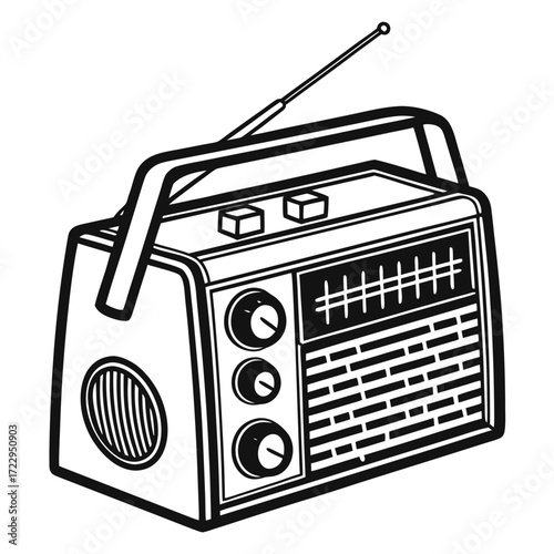 A vintage boombox radio with antenna and speaker is outlined in black and white illustration style created with generated ai