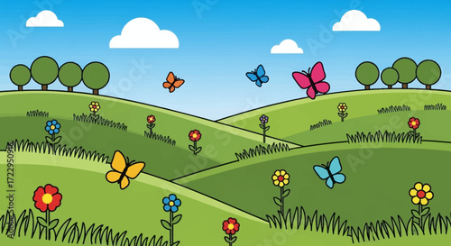 Colorful butterflies flying over a vibrant green meadow with blooming flowers.