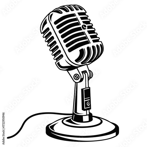 A vintage style microphone stands prominently with its intricate design and classic appeal on a white backdrop created with generated ai