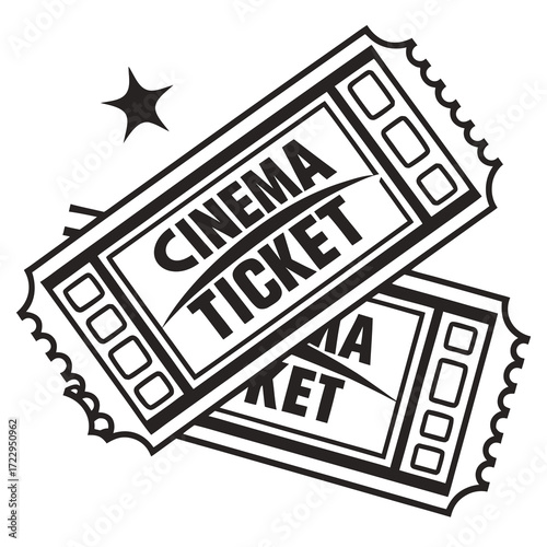 Two cinema tickets overlapping with a star in the upper left corner in black and white drawing style created with generated ai
