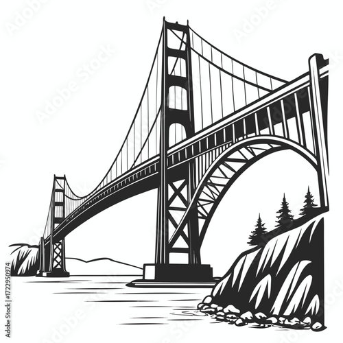 Illustration of a suspension bridge with two towers and cables spanning across water and rocky shores created with generated ai