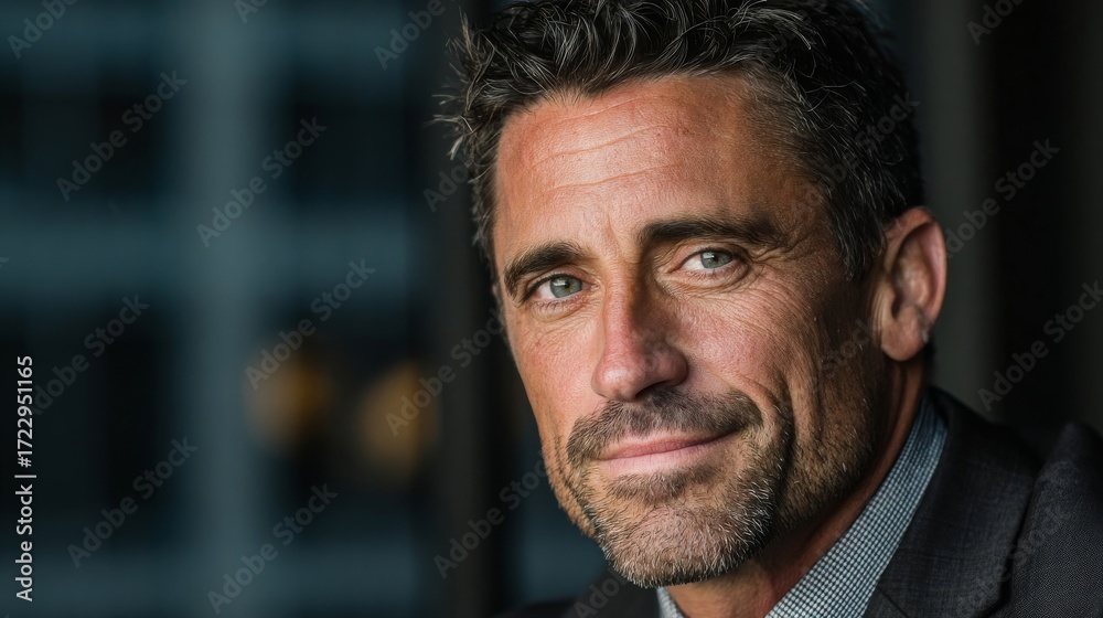 Fototapeta premium A mature man in professional attire looks directly at the camera with a calm and confident expression,