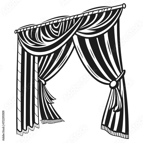 Illustration of a black and white striped curtain with tiebacks and draped valance on a rod design created with generated ai