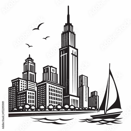 Black and white cityscape illustration with tall buildings, sailboat, and birds in the sky over water created with generated ai