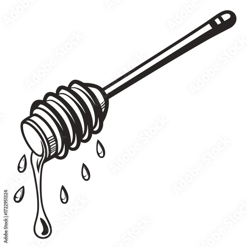 Illustration of a honey dipper with honey dripping down in a black and white outline drawing style created with generated ai