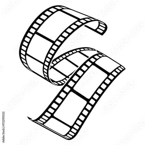 Illustration of a black and white film strip curling and twisting on a white background in a stylized manner created with generated ai