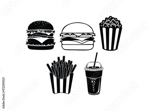 silhouette vector illustration of fast food, hamburger, popcorn, french fries and soda drink isolated on white background 