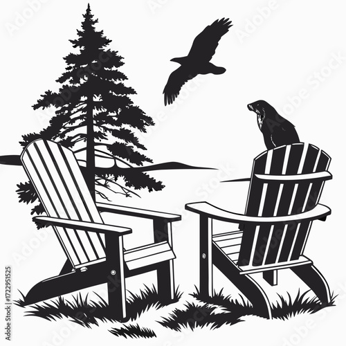 Two adirondack chairs with a tree, flying bird, and an animal on the chair in black and white style created with generated ai