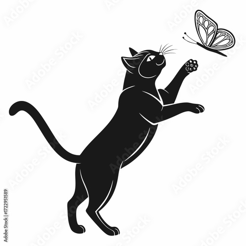 A black cat reaching up to a butterfly with detailed wing patterns in a playful stance against white created with generated ai