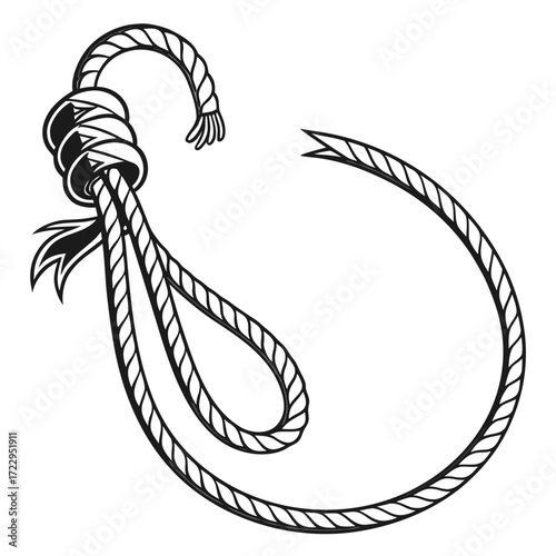 Illustration of a noose with a knot and frayed end in black and white simple design and twisted rope style created with generated ai