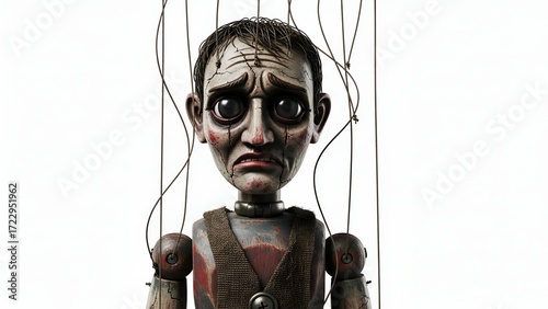 Sad Marionette Puppet Tangled Strings, Isolated on White