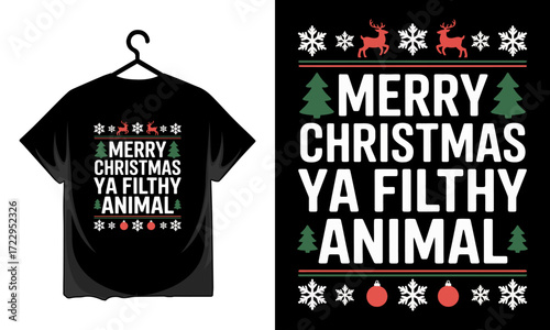 Merry christmas ya filthy animal text design with reindeer and trees