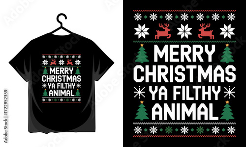 Merry christmas ya filthy animal text design with reindeer and trees