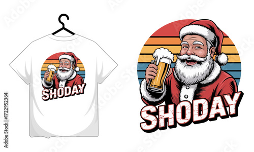 Santa claus drinking beer with shoday text, retro sunset design