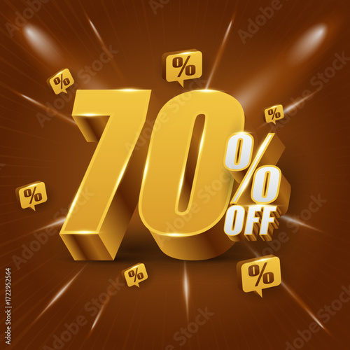 70 percent off, discount concept, or bonus. Promotional price with 3D illustration of golden numerals.