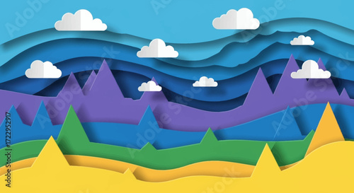 Colorful layered paper cut mountains and clouds landscape illustration.