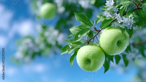 Crisp Green Apples Adorn Tree Branch with White Blossoms and Dew Drops Against a Softly Blurred Sky in a Cinematic High Dynamic Range