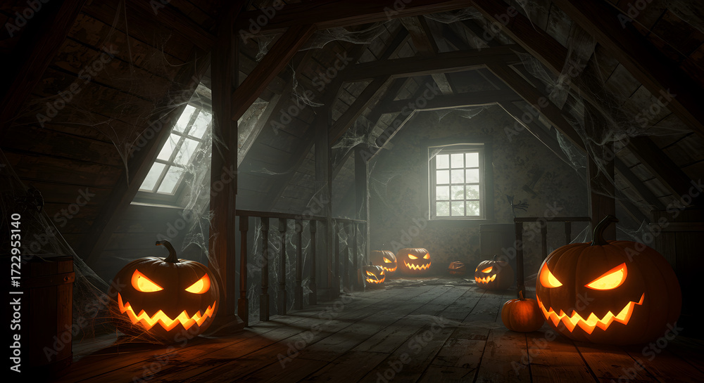 Obraz premium Eerie Attic Halloween Display with Glowing Jack o Lanterns and Cobwebs Lit by Window Light