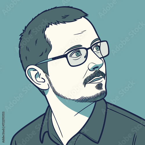 Ritratto stilizzato monocromatico di uomo con occhiali e barba che guarda lateralmente, illustrazione vettoriale su sfondo blu