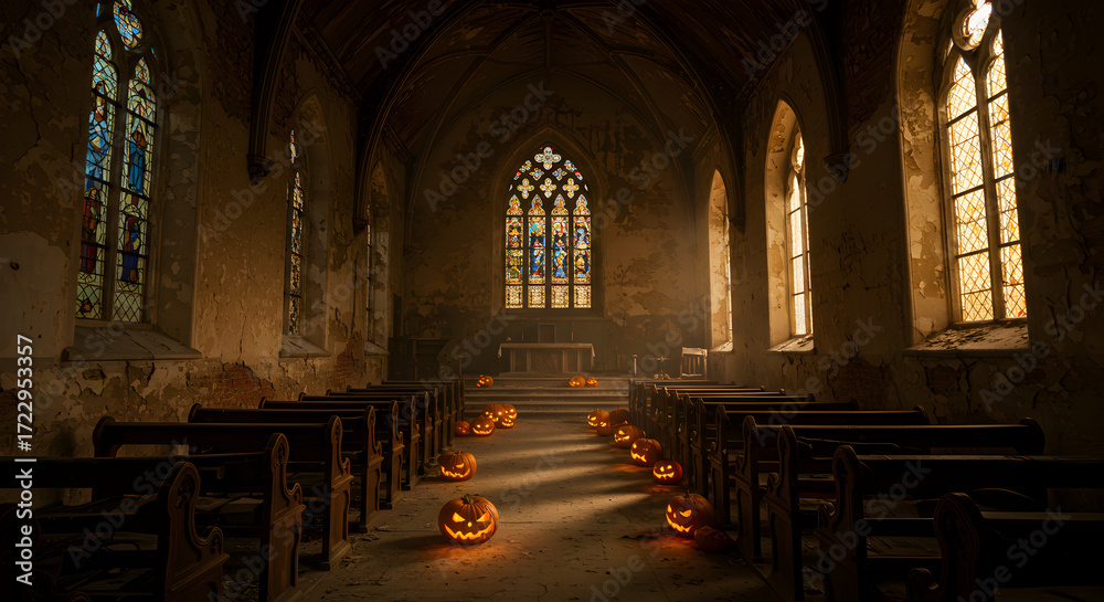 Fototapeta premium Eerie Abandoned Church Interior with Glowing Jack o' Lanterns Along Aisle and Stained Glass Windows