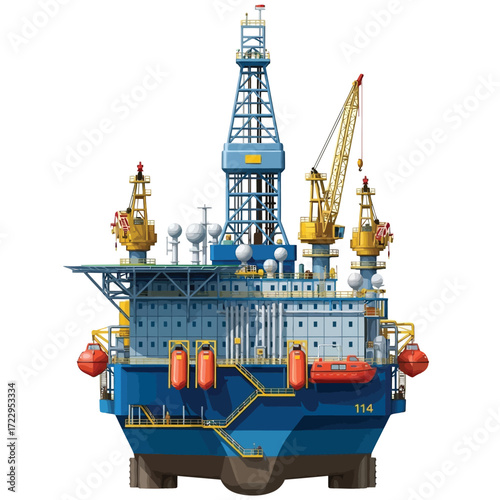 Rigorous offshore oil exploration platform in deep blue sea, featuring complex industrial structure and advanced marine technology