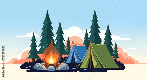 Cozy Campsite with Tents and Campfire in a Forest Setting.