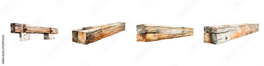 Fototapeta premium Vintage Wooden Beam Collection on White Background