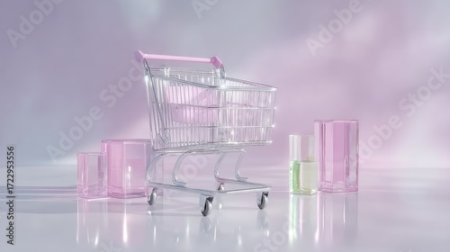 Crystal Shopping Cart Display with Geometric Pink Glassware on Glossy Surface and Light Purple Background for Online Shopping Themed Presentation