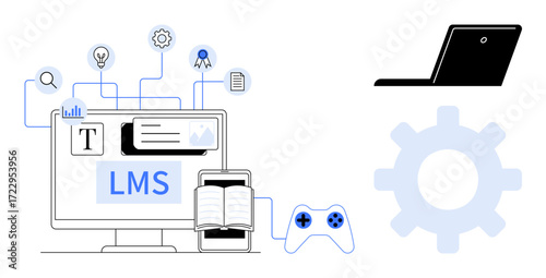 Desktop with LMS interface, book, game controller, icons for learning tools and online resources, laptop, gear. Ideal for online education, e-learning platforms, gamification skills development