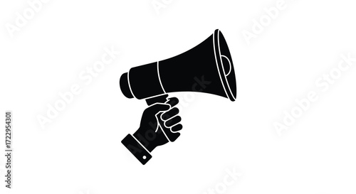A hand firmly holding a black megaphone striking visual silhouette
