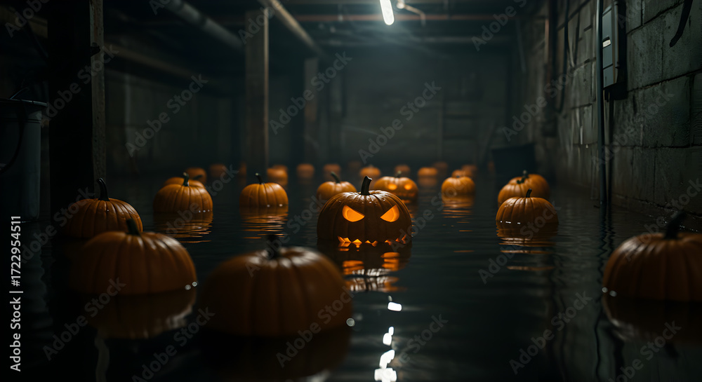 Fototapeta premium Flooded Basement with Pumpkins Lit Halloween Jack O Lanterns in Dark Room