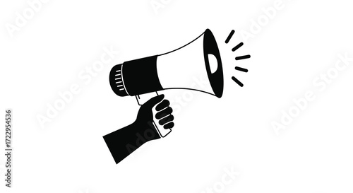 A hand holding a megaphone broadcasting a message black and white silhouette
