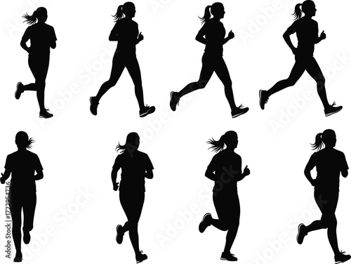 Running silhouette sequence of athletic woman, motion phases, fitness posture, jogging stride, sports biomechanics, isolated black vector illustration