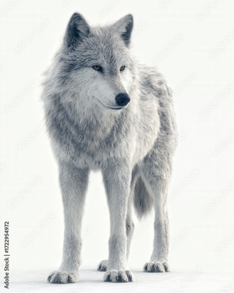 Obraz premium White wolf standing wild animal isolated winter background. Striking image of a white wolf standing against a pale backdrop. Captures the essence of wilderness, power, and winter wildlife.