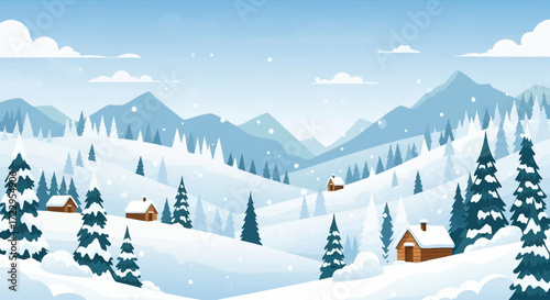 Cozy wooden cabins nestled in a serene winter wonderland with snow-covered trees and mountains.
