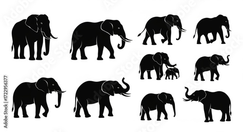 A collection of black silhouettes of elephants in various poses and sizes on a white background