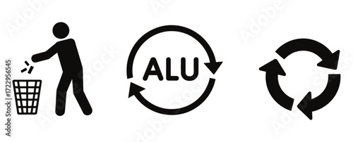 Encourage responsible recycling with these ALU icons showing waste disposal and recycling processes, promoting environmental awareness and sustainable practices in a modern design