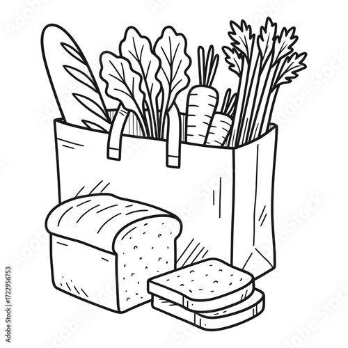 Shop for healthy groceries like bread, carrots and celery with this shopping bag illustration